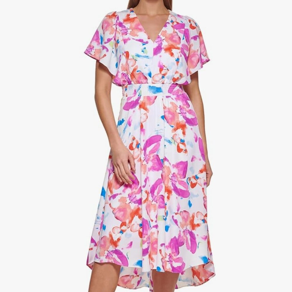 DKNY NWT womens Cap Sleeve Faux Wrap Midi Dress M